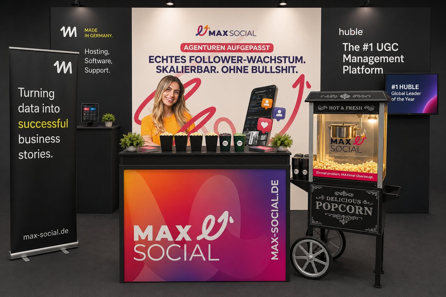 Messestand von MAXSOCIAL frontal, Rückwand mit Key Visual