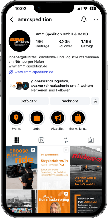 Smartphone zeigt das Instagram-Profil der Amm Spedition